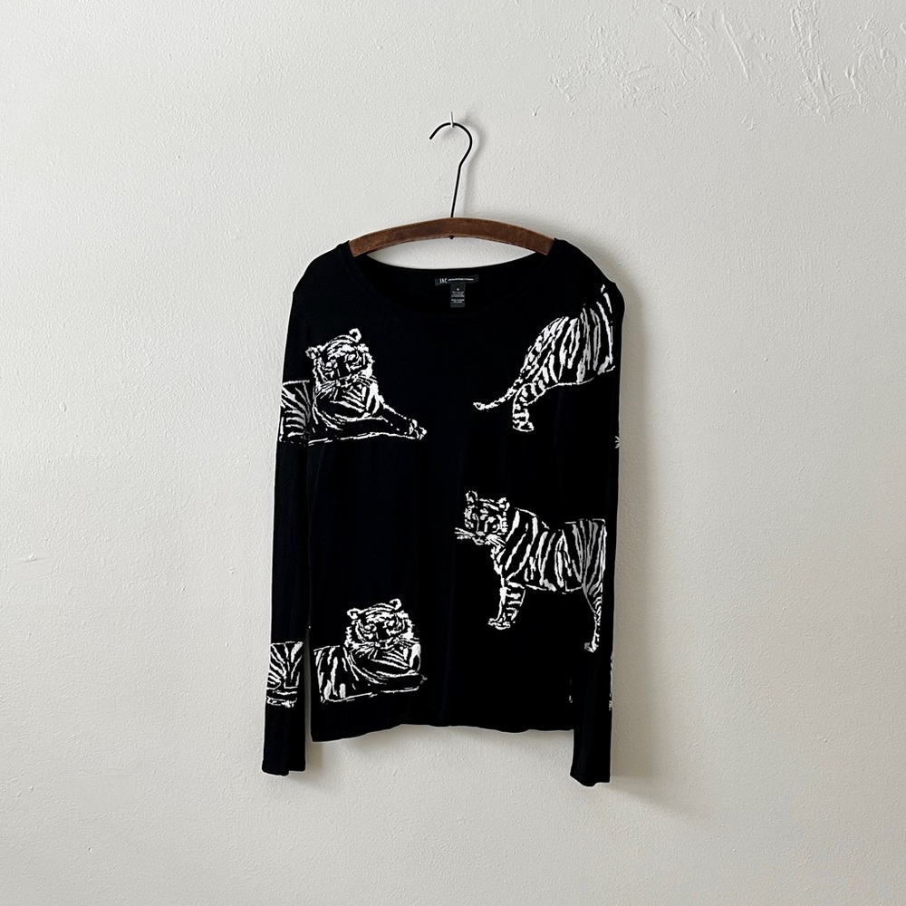 Knit Graphic Tigers Black & White Matching Sleeve Pattern Statement Sweater M